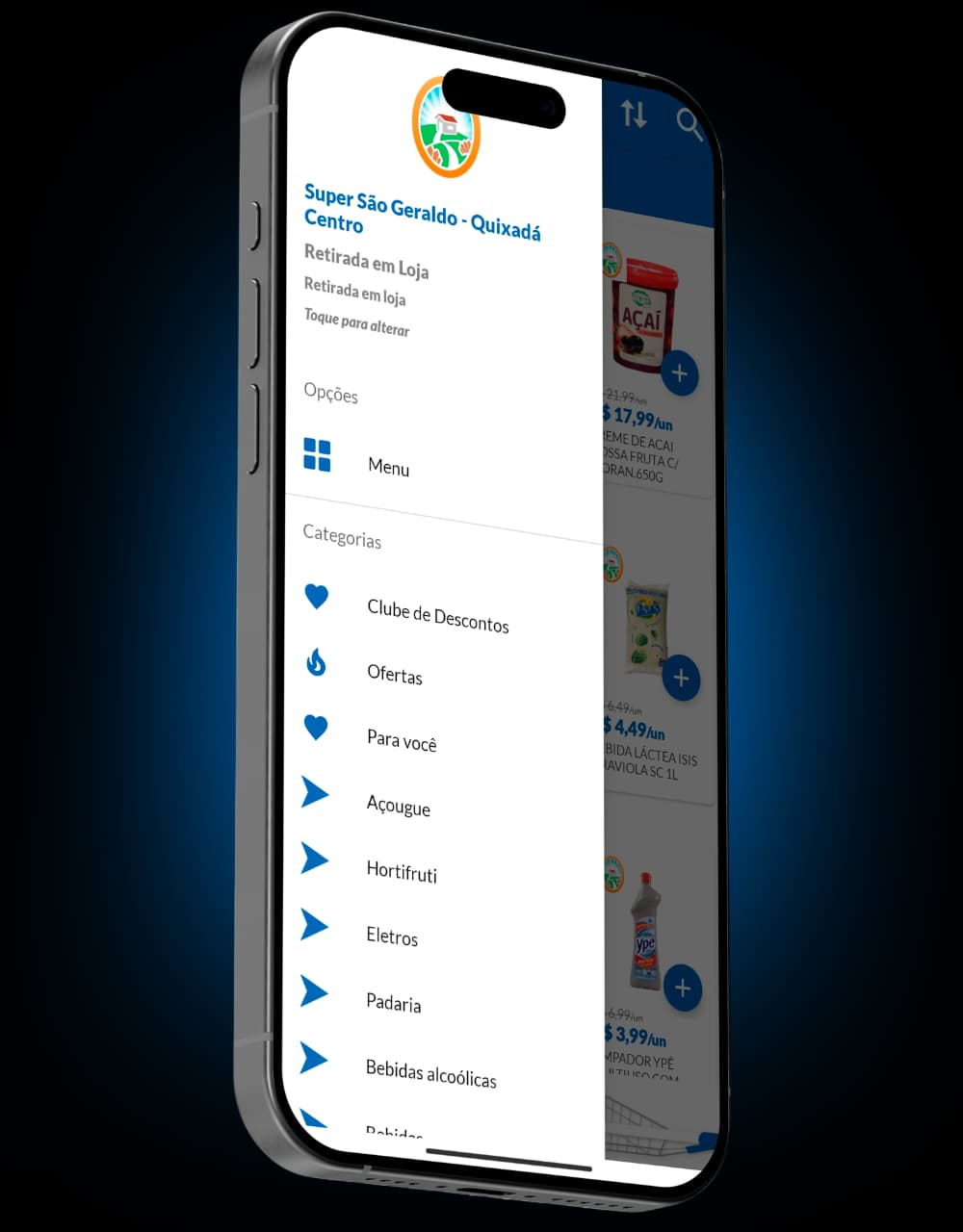 Mockup do aplicativo Super São Geraldo mostrando a interface do app em um smartphone, destacando funcionalidades como ofertas exclusivas e localização de lojas